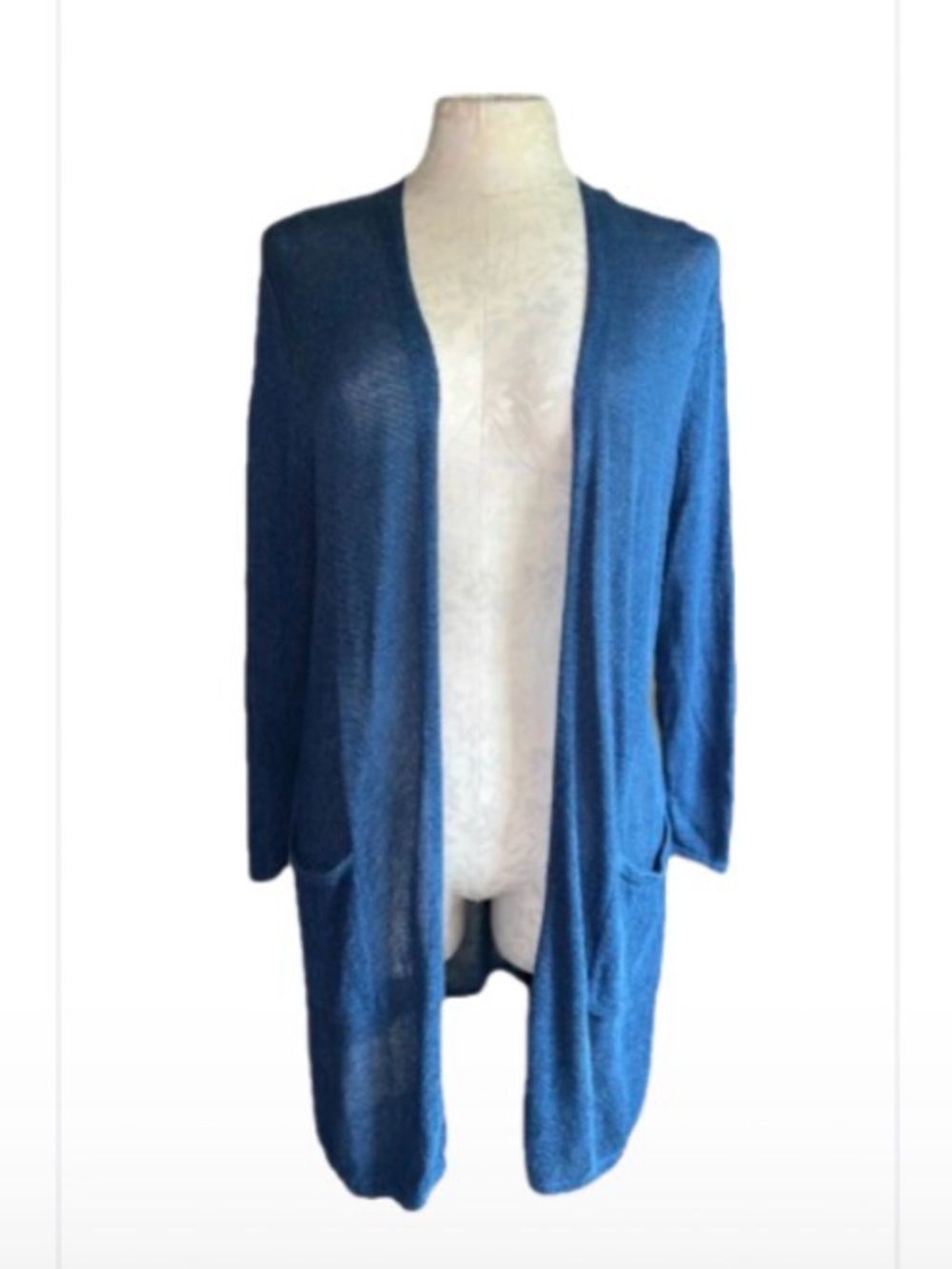 J. Jill Open-Front Linen Blend Blue Long Cardigan with Pockets